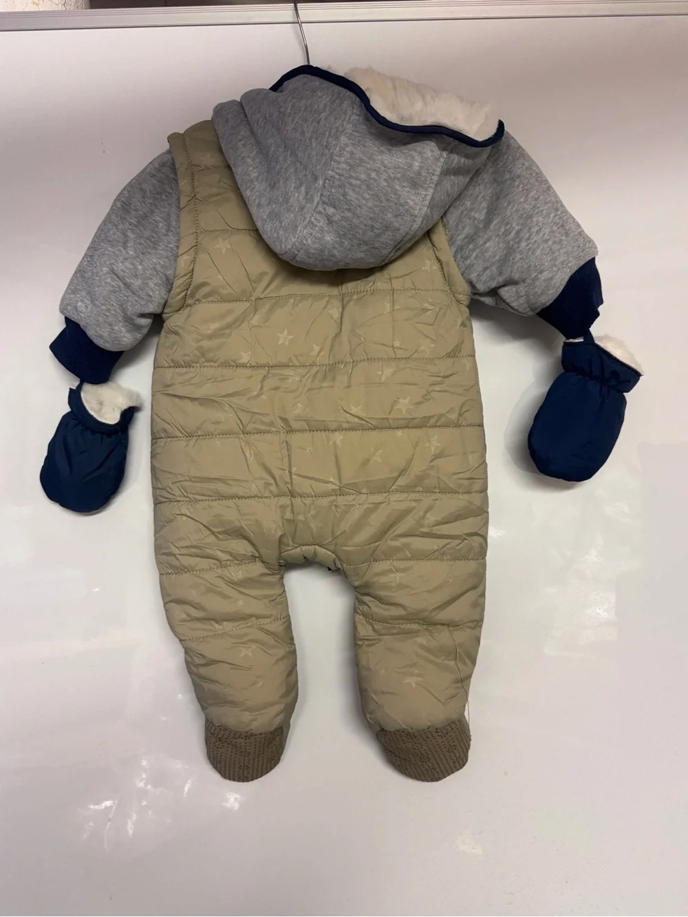 Kids Quilted Hooded One-Piece Snowsuit in Beige and Navy